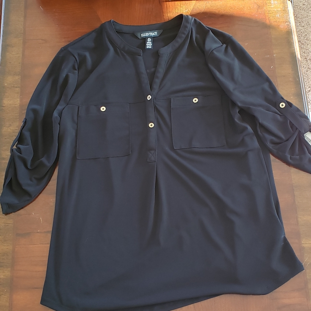 Black Casual Tee with Gold Button Detailing